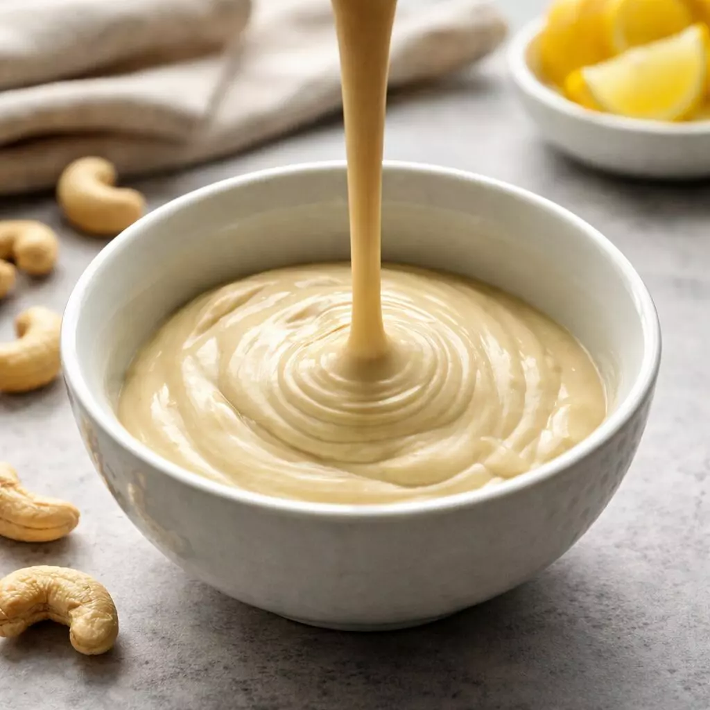 Creamy vegan cashew crema drizzled from a spoon into a small bowl