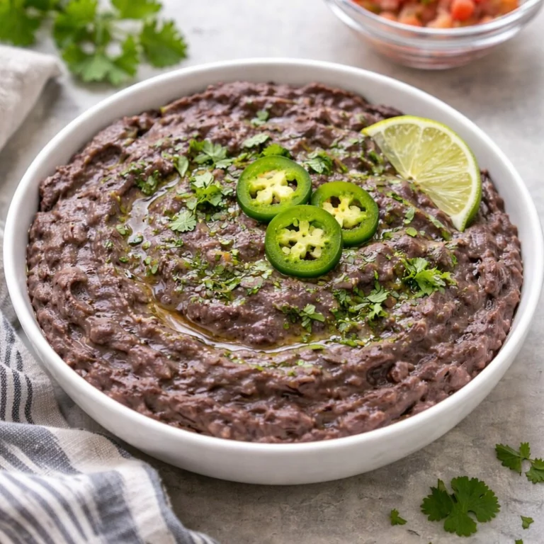 Refried black beans with slices of serrano and cilantro garnish